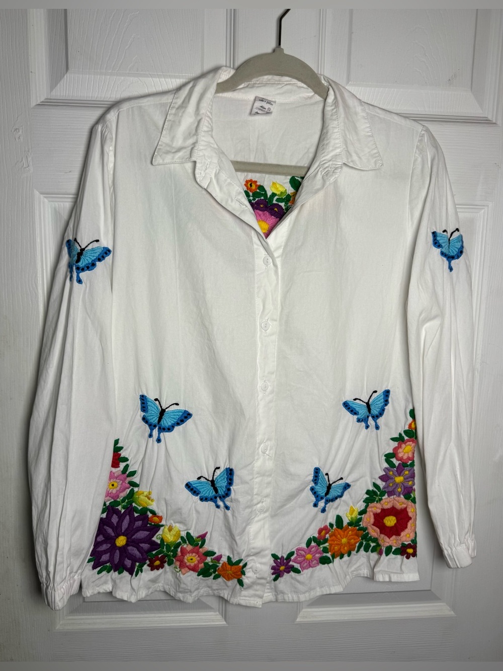 VTG De Ouro Preto Embroidered Butterfly Floral White Button Up Blouse Top Boho